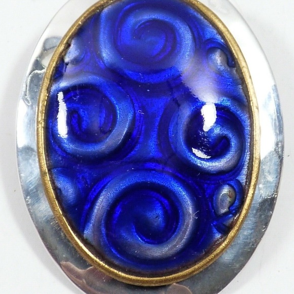 Silver color metal Large oval Cobalt Blue Enameled Ceramic Pendant Slide - Picture 1 of 6